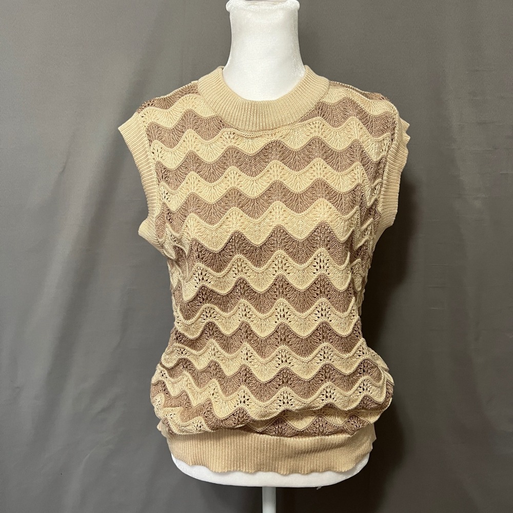Neutral‎ Sleeveless Tan Beige Knit Top Wave Pattern Sweater Vest Size L